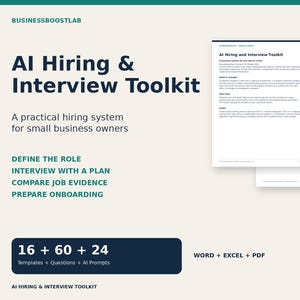 Puede incluir: El AI Hiring & Interview Toolkit es un sistema práctico para propietarios de pequeñas empresas. Incluye 16 plantillas, 60 preguntas y 24 prompts de IA en formatos Word, Excel y PDF. El documento presenta secciones para definir roles, entrevistar, comparar evidencias de trabajo y preparar la incorporación.