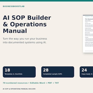 以下が含まれることがあります： BusinessBoostLabのテキスト、18個のテンプレートとチェックリスト、28個の完成済みSOPサンプル、24個のAIプロンプト、Word・PDF・TXT形式の70個の番号付きリソースを含む、AI SOPビルダーおよび運用マニュアルのデジタルリソース。