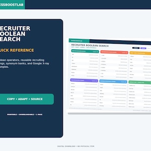 May include: A digital reference guide titled RECRUITER BOOLEAN SEARCH with a dark blue sidebar containing the text COPY ADAPT SOURCE. The main document features a white table with color-coded sections for operators, strings, and search examples.