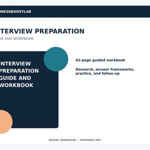 Könnte beinhalten: Ein 62-seitiges digitales Interview-Vorbereitungs-Handbuch und Arbeitsbuch von BUSINESSBOOSTLAB. Das Dokument enthält ein dunkelblaues Quadrat, einen blaugrünen Kreis und einen pfirsichfarbenen Kreis sowie Text zu Recherche und Methoden.