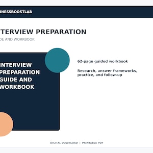 Puede incluir: Una guía y libro de ejercicios digital de 62 páginas para la preparación de entrevistas de BUSINESSBOOSTLAB. Incluye un cuadrado azul oscuro, un círculo verde azulado y un círculo color melocotón, con texto sobre investigación y métodos.