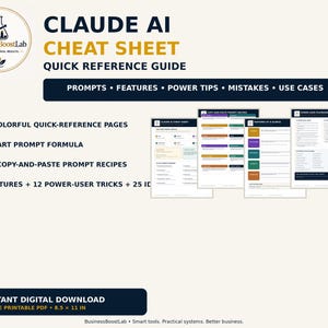 Op de afbeelding: Een Claude AI spiekbriefje als naslagwerk met vier kleurrijke pagina's, een 6-delige promptformule, 12 copy-and-paste promptrecepten en 12 power-user trucs. De digitale download is een 4-pagina's tellende printbare PDF van 21,6 bij 27,9 cm.