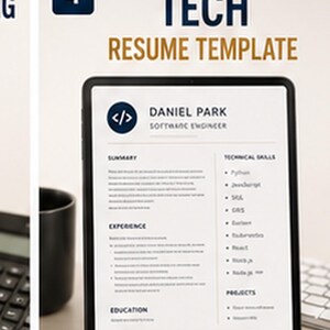 May include: A digital tablet displaying a tech resume template for a software engineer named Daniel Park. The screen shows sections for summary, experience, education, technical skills, and projects, with the BusinessBoostLab logo at the bottom.