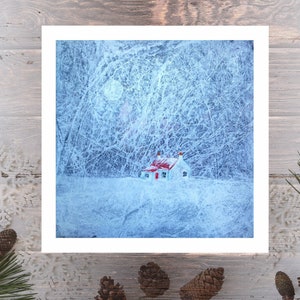 Moonlight Blizzard, fine art print of a Scottish winter snow scene and cottage, from naive landscape painting of Scotland