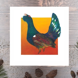 Gallo cedrone, stampe di uccelli contemporanei e poster di un dipinto di fauna selvatica scozzese dalla Scozia