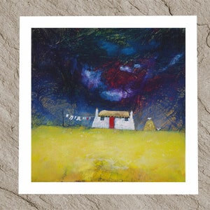 The red sock, thatched Scottish blackhouse cottage fine art giclee print, poster or canvas of a naive farm house painting of Scotland