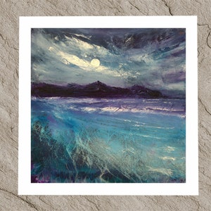 Moon over Reiss, dramatic night seascape full moon giclee print, from an impressionist contemporary coastal fine art painting from Scotland