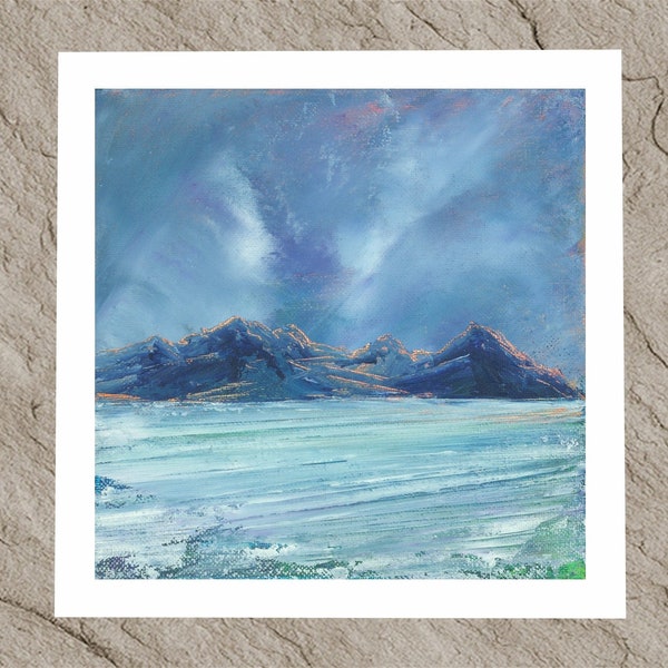 Cuillin Storm, Skye a modern Scottish mountain landscape giclee print of a dramatic coastal highland seascape painting.