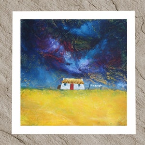 Sunshine and showers, print of a Scottish thatched highland blackhouse from a naive painting of Scotland