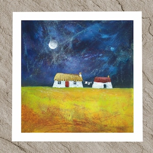 Moonlight Croft, Fine art giclee print or canvas of a Scottish thatched blackhouse cottage whimsical naive landscape painting of Scotland.