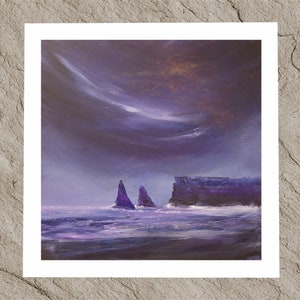 Impresión y póster de paisaje marino costero de Purple Sea Stack de Escocia, póster giclée de decoración del hogar o lienzo de una pintura original