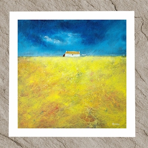 Tiree croft, Scottish Hebridean blackhouse thatched cottage landscape  giclee print or canvas from a modern naive painting from Scotland