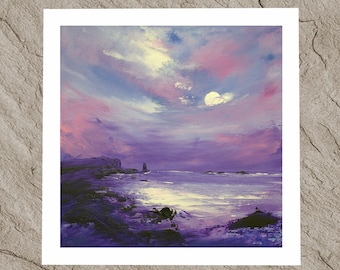 Purple moonlit sea stack coastal print of a landscape painting from Scotland