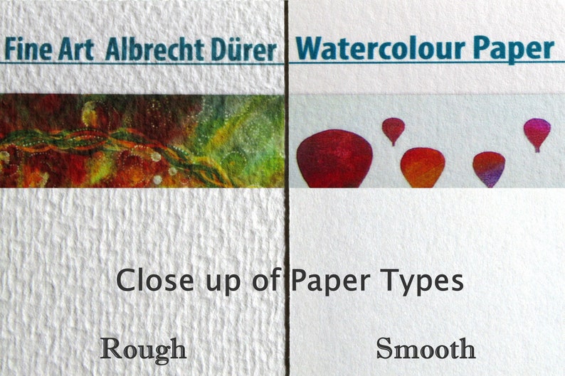 May include: Close-up of two types of watercolor paper. The left side shows a rough surface with a textured pattern. The right side shows a smooth surface with a subtle texture. The text "Fine Art Albrecht D&uuml;rer" and "Watercolour Paper" is visible at the top of the image. The text "Close up of Paper Types" is visible in the middle of the image. The text "Rough" and "Smooth" is visible at the bottom of the image.