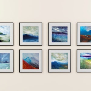 May include: Eight framed landscape paintings with a variety of colors and styles, including blue, green, and purple hues. The paintings depict scenes of mountains, water, and sky.