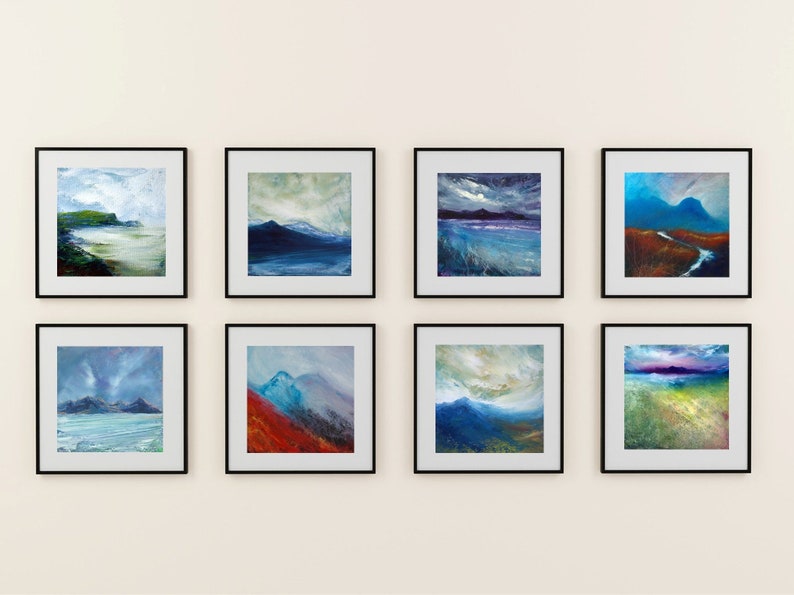 May include: Eight framed landscape paintings with a variety of colors and styles, including blue, green, and purple hues. The paintings depict scenes of mountains, water, and sky.