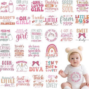 May include: A collection of thirty-five baby-themed graphic designs featuring pink, peach, and teal typography with illustrations of baby bottles, bows, and crowns, alongside a baby wearing a white onesie with a circular graphic print.