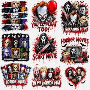 May include: A collection of horror-themed graphic designs featuring iconic movie villains like Ghostface, Pennywise, Jason Voorhees, and Michael Myers. The artwork includes blood-splattered text, popcorn buckets, and VHS tapes with a dark, macabre aesthetic.