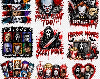 Może przedstawiać: Kolekcja grafik o tematyce horroru przedstawiająca kultowych złoczyńców filmowych, takich jak Ghostface, Pennywise, Jason Voorhees i Michael Myers. Ilustracje zawierają zakrwawiony tekst, kubły na popcorn i kasety VHS w mrocznej estetyce.