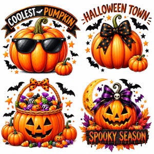 May include: Four Halloween-themed illustrations featuring orange pumpkins. One wears sunglasses with the text COOLEST PUMPKIN. Another has a black polka-dot bow with HALLOWEEN TOWN text. A pumpkin basket holds colorful candies. A jack-o'-lantern has a purple bow and SPOOKY SEASON text.