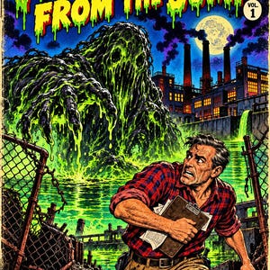 May include: A comic book cover titled IT CRAWLED FROM THE SUMP VOL. 1 featuring a green slime monster emerging from a polluted river near a factory. A person in a red plaid shirt holds a clipboard, running past a chain-link fence.