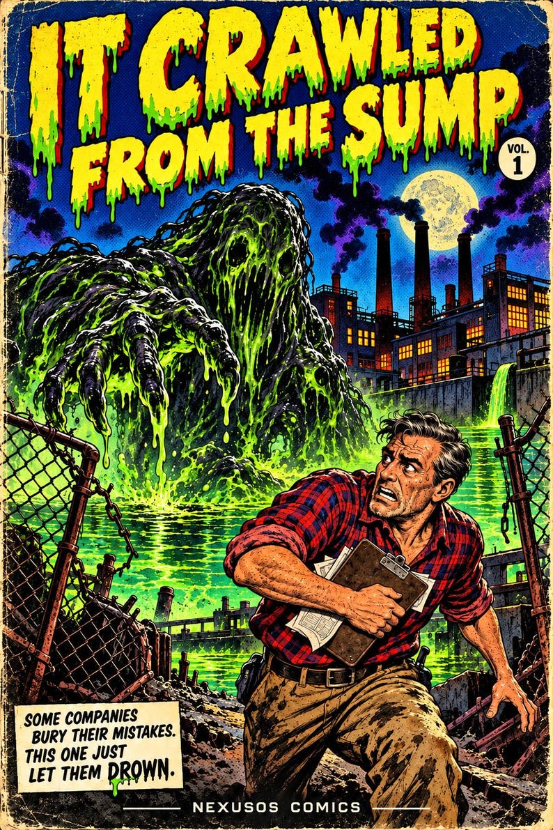May include: A comic book cover titled IT CRAWLED FROM THE SUMP VOL. 1 featuring a green slime monster emerging from a polluted river near a factory. A person in a red plaid shirt holds a clipboard, running past a chain-link fence.
