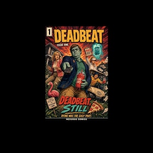 May include: A comic book cover titled Deadbeat Issue One featuring a green-skinned zombie character holding a remote and a red drink. The scene includes a suburban house, a pink flamingo, a golf cart, and a slice of pepperoni pizza.