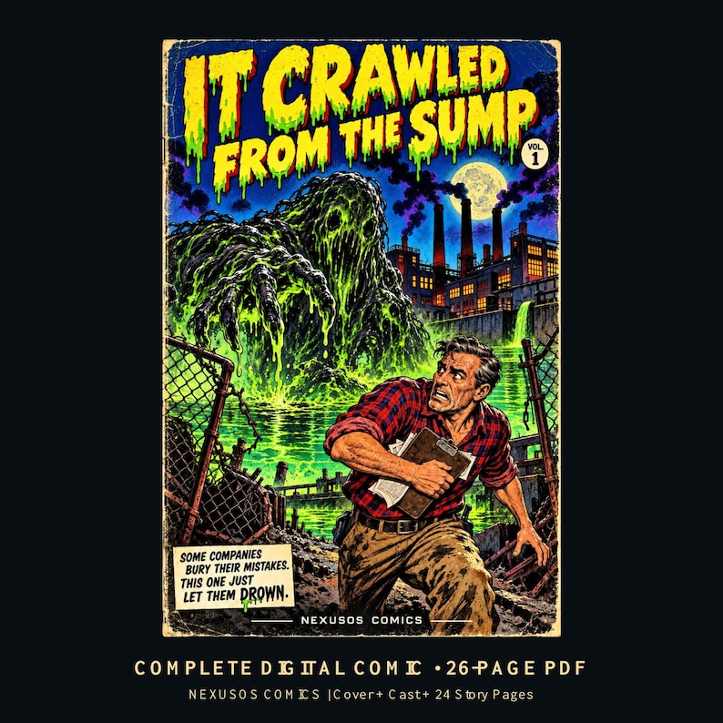 May include: A digital comic book cover titled It Crawled From The Sump Vol. 1 featuring a green sludge monster rising from a swamp near a factory. A person in a red plaid shirt holds a clipboard in the foreground. Text reads Some companies bury their mistakes. This one just let them drown. Nexusos Comics.