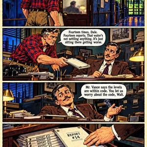 May include: A comic book page featuring four panels depicting a workplace interaction. A man in a red plaid shirt hands a folder labeled Report #14 to a man in a suit. Text bubbles include dialogue about safety reports and code compliance.