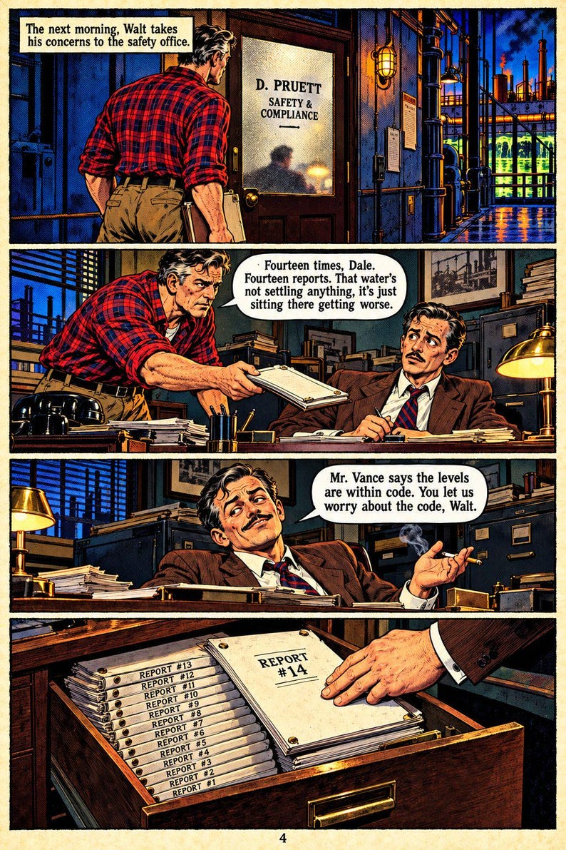 May include: A comic book page featuring four panels depicting a workplace interaction. A man in a red plaid shirt hands a folder labeled Report #14 to a man in a suit. Text bubbles include dialogue about safety reports and code compliance.