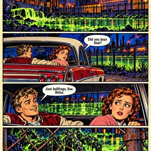 May include: A comic book page featuring a night scene at Vance Chemical in 1958. A red car sits by a glowing green pond. Two people are inside the car. A speech bubble says, Did you hear that? Another says, Just bullfrogs, Sue. Relax. A dark, slimy creature grips a chain-link fence.