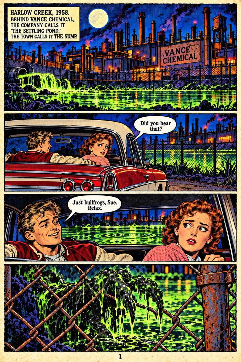 May include: A comic book page featuring a night scene at Vance Chemical in 1958. A red car sits by a glowing green pond. Two people are inside the car. A speech bubble says, Did you hear that? Another says, Just bullfrogs, Sue. Relax. A dark, slimy creature grips a chain-link fence.