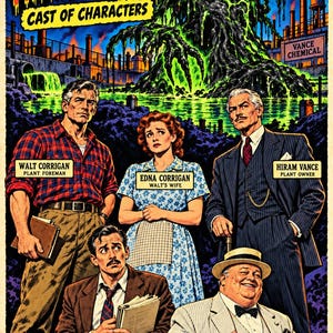 May include: A comic book cover titled It Crawled From The Sump featuring a glowing green sludge creature rising from a chemical plant. Five characters are depicted below with labels: Walt Corrigan, Edna Corrigan, Hiram Vance, Dale Pruett, and Mayor Cole Ashby.