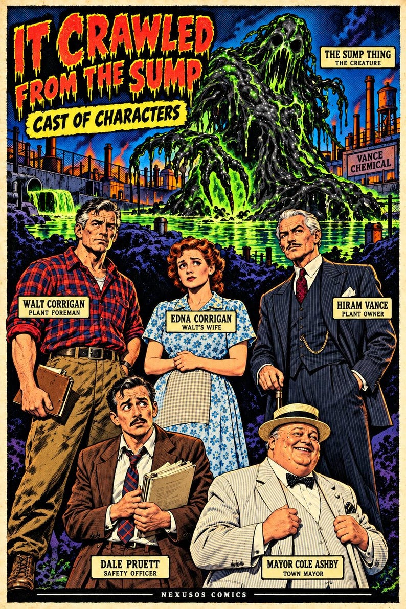 May include: A comic book cover titled It Crawled From The Sump featuring a glowing green sludge creature rising from a chemical plant. Five characters are depicted below with labels: Walt Corrigan, Edna Corrigan, Hiram Vance, Dale Pruett, and Mayor Cole Ashby.