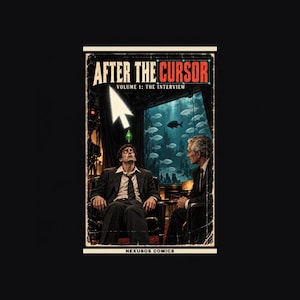May include: A comic book cover titled After the Cursor Volume 1: The Interview by Nexusos Comics. It features two people in suits sitting in chairs before a large aquarium filled with fish, with a white computer cursor hovering above.