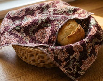 Bordeauxrode theedoek met bloemenprint, wafelvormige theedoek, vintage keukendoek met bloemenprint, bordeauxrode theedoek met bloemenprint, antieke theedoek met bloemenprint.