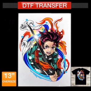 May include: A DTF transfer featuring an anime character with dark hair and a scar, holding a black sword. The design includes vibrant blue water waves and orange flames swirling around the figure. A small inset shows the graphic on a black t-shirt.