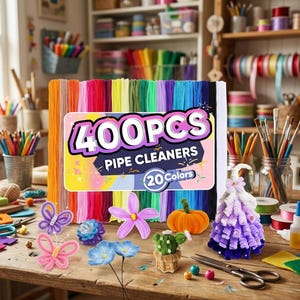 Könnte beinhalten: Ein Set aus 400 Pfeifenreinigern in 20 Farben, angeordnet in einer vertikalen Reihe. Das Produktetikett lautet 400PCS PIPE CLEANERS 20 Colors. Verschiedene Bastelobjekte aus Pfeifenreinigern sind zu sehen, darunter Schmetterlinge, Blumen, ein Kürbis und ein Kaktus.
