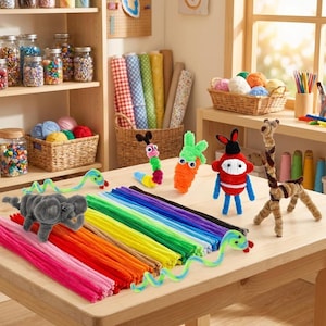 May include: A collection of colorful pipe cleaners arranged on a wooden table, featuring various crafted figures including a gray elephant, a brown giraffe, a green carrot, a red and white creature, and two green snakes with googly eyes.