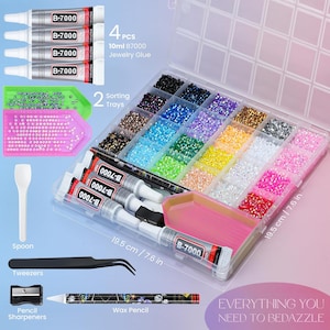 May include: A craft kit containing a clear plastic storage box with 28 compartments filled with multi-colored rhinestones, four 10ml B-7000 jewelry glue tubes, two sorting trays, a white spoon, black tweezers, a pencil sharpener, and a wax pencil.