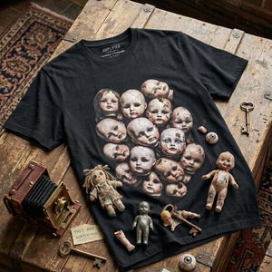 May include: A black short-sleeved t-shirt featuring a graphic print of numerous cracked doll heads clustered together. The shirt includes a neck label reading Amplified. The design is surrounded by various small vintage doll parts and keys.