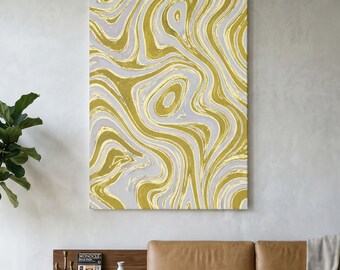 May include: A rectangular wall art piece featuring a fluid, marbled pattern of mustard yellow and light gray wavy lines. The design consists of organic, swirling shapes that create a continuous, flowing effect across the entire vertical surface.
