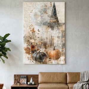 Plakat na płótnie z motywem czarownicy w stylu vintage, dekoracja ścienna na Halloween, jesienna dekoracja Dark Academia, upiorna grafika z dynią i pełnią księżyca, rustykalny wystrój w stylu cottagecore na jesień