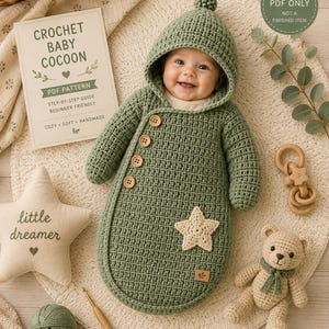 May include: A sage green crocheted baby cocoon with a hood, a pom-pom, and four wooden buttons. A paper sign reads CROCHET BABY COCOON PDF PATTERN. A small crocheted star is attached to the front. A beige star pillow and a small crocheted bear are nearby.