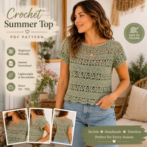 May include: A sage green crochet top featuring a round neckline, short sleeves, and a repeating openwork stitch pattern. The garment is shown in a digital pattern advertisement with text including Crochet Summer Top, PDF Pattern, and sizes XS-5XL.
