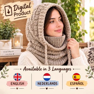 May include: A beige crochet hooded cowl with a ribbed texture and braided drawstrings featuring tassels at the ends. The text Digital Product is visible in the top left corner, and the text Available in 3 Languages is at the bottom.
