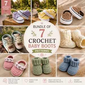 Op de afbeelding: Een verzameling van zeven haakpatronen voor babyschoentjes in diverse stijlen, waaronder sneakers, laarsjes en pantoffels in kleuren zoals paars, geel, bruin, blauw, roze en groen. De centrale tekst luidt BUNDLE OF 7 CROCHET BABY BOOTS PATTERNS.