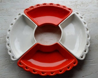 CALIFORNIA CRAFT Four Piece Condiment Tray Circle Retro 1950s 1960s Orange and White Serving Platters Trays