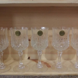 SET OF FIVE! Cristal D&#39;Arques &quot;Longchamp&quot; Genuine Lead Crystal Coupe Champagne Wine Glasses with Original Stickers Unused! 24%