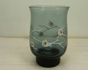 LIBBEY GLASS "Dogwood" Pattern Clear Smokey Blue with Branching Flower Accents 1970s 1980s Excellent Condition!